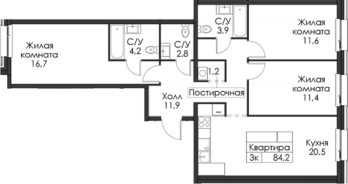 3-комнатная квартира 84.2 м², 2/12 эт., ЖК «Шкиперский 19»